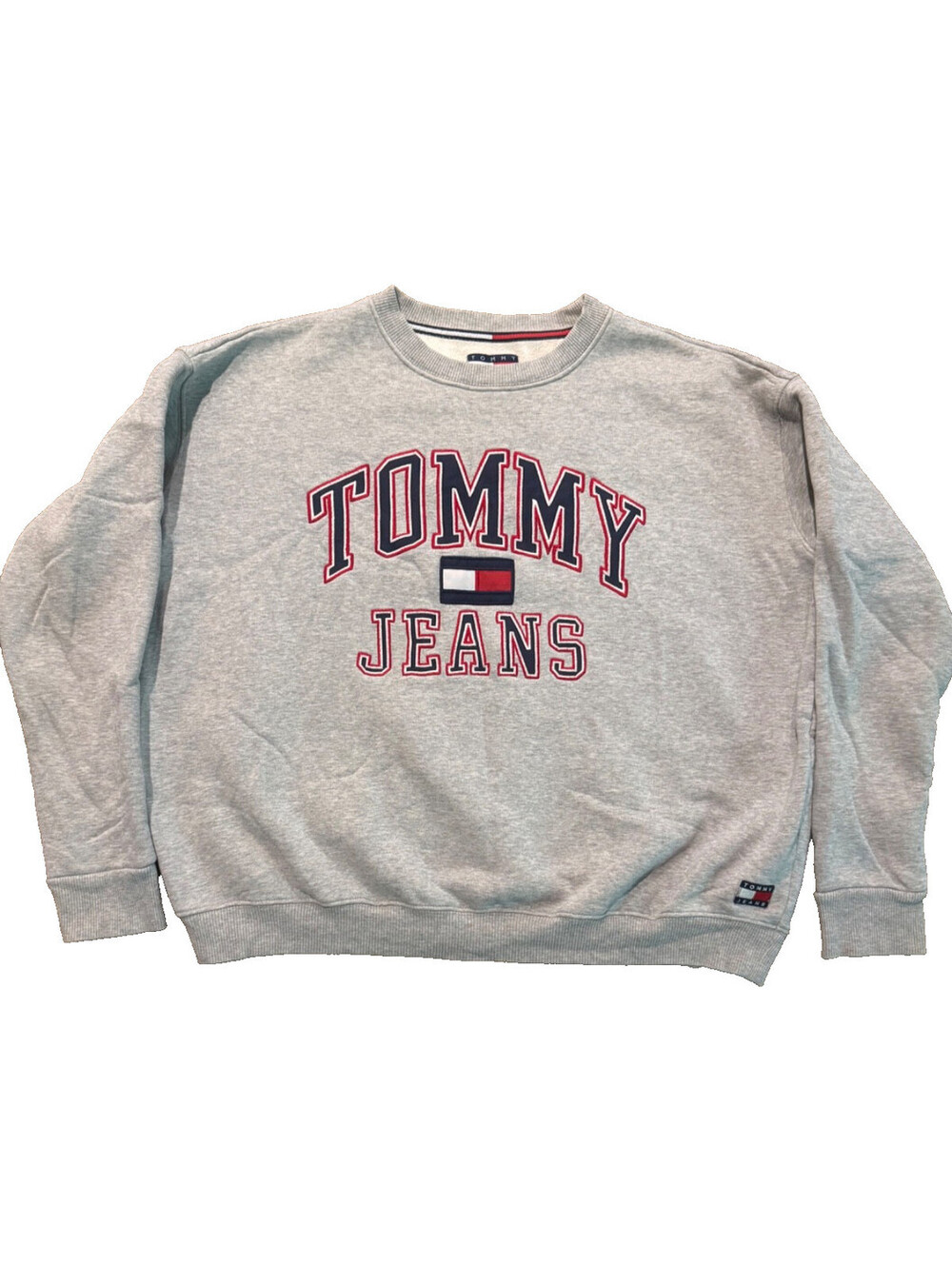 VTG Tommy Hilfiger Crewneck Womens L Gray Embroidered Spell Out Logo Oversized